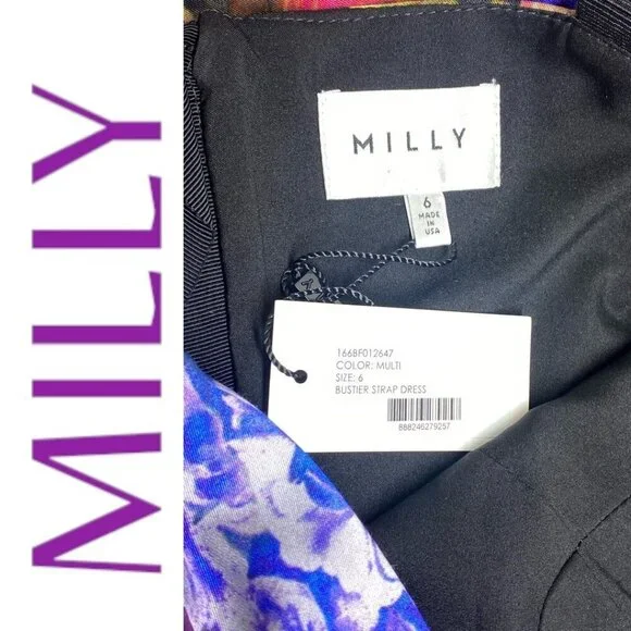 NWT MILLY Black Floral Print Strappy Bustier Sheath Square Neck Cocktail Dress 6
